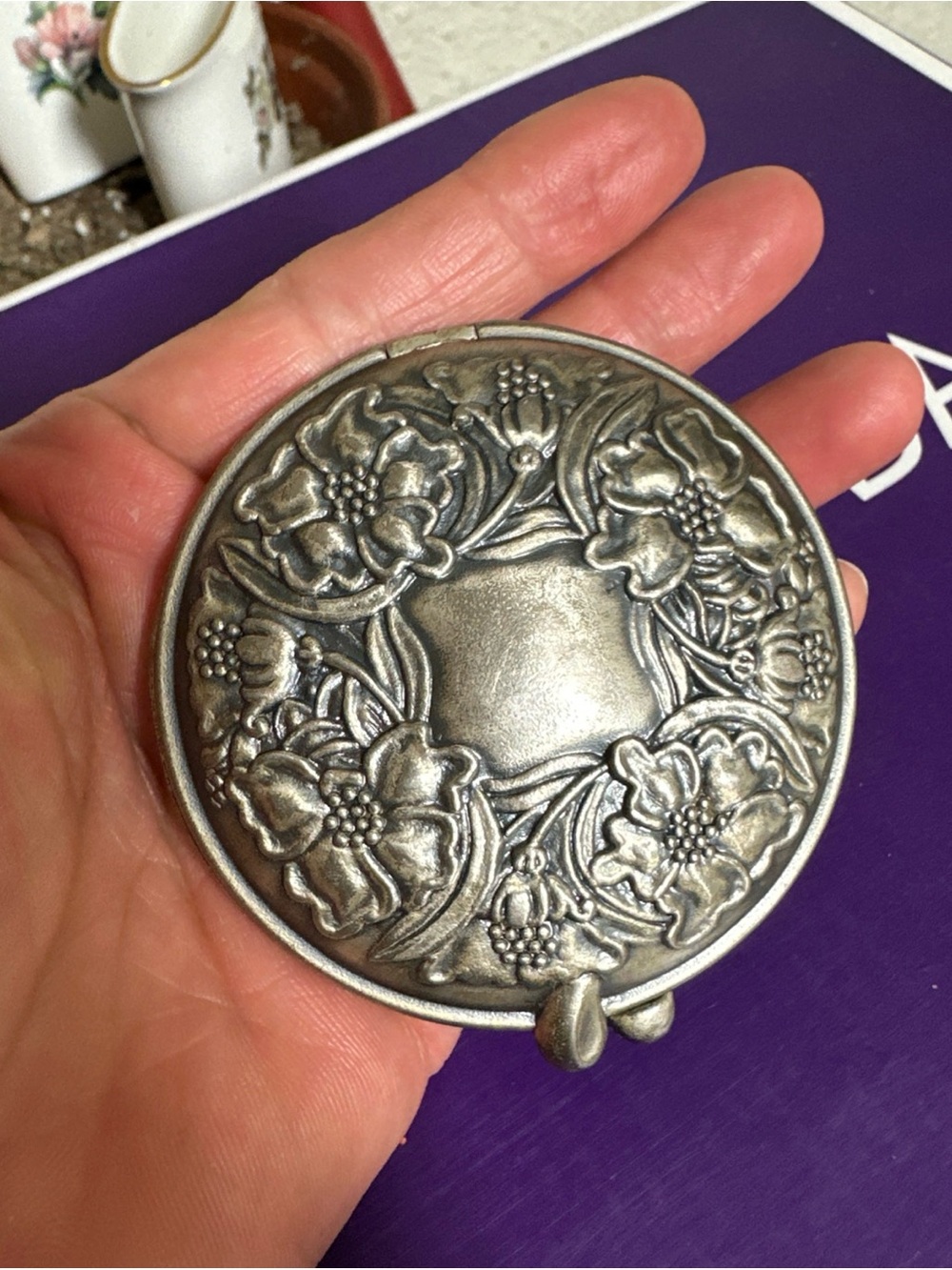 Ornate Floral Metal Compact Mirror - Silver Tone
